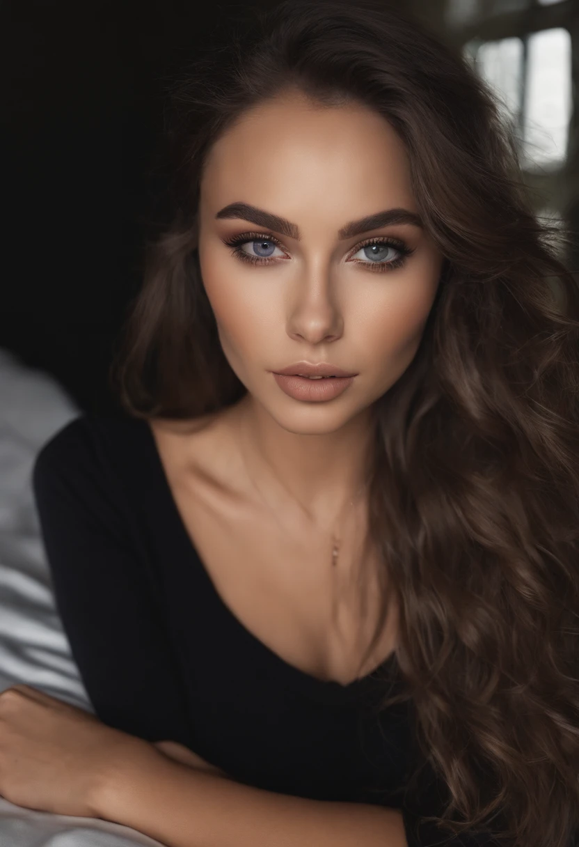 Arafed woman with black clothes, fille sexy aux yeux bruns, Portrait Sophie Mudd, cheveux bruns et grands yeux, selfie of a young woman, Yeux de chambre, Violet Myers, sans maquillage, maquillage naturel, looking straight at camera, Visage avec Artgram, Maquillage subtil, Superbe photo du corps entier, dans la chambre, clivage