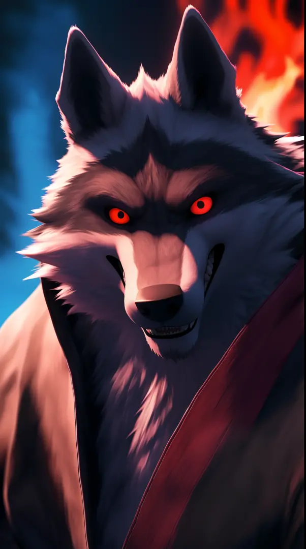 (best quality,8k,highres,masterpiece:1.2),ultra-detailed,(photorealistic:1.37),(Orochi Death Wolf),red glowing eyes,staring at the viewer,detailed facial features,same design as Iori Yagami,background from The King of Fighters XV,fiery background,serious e...