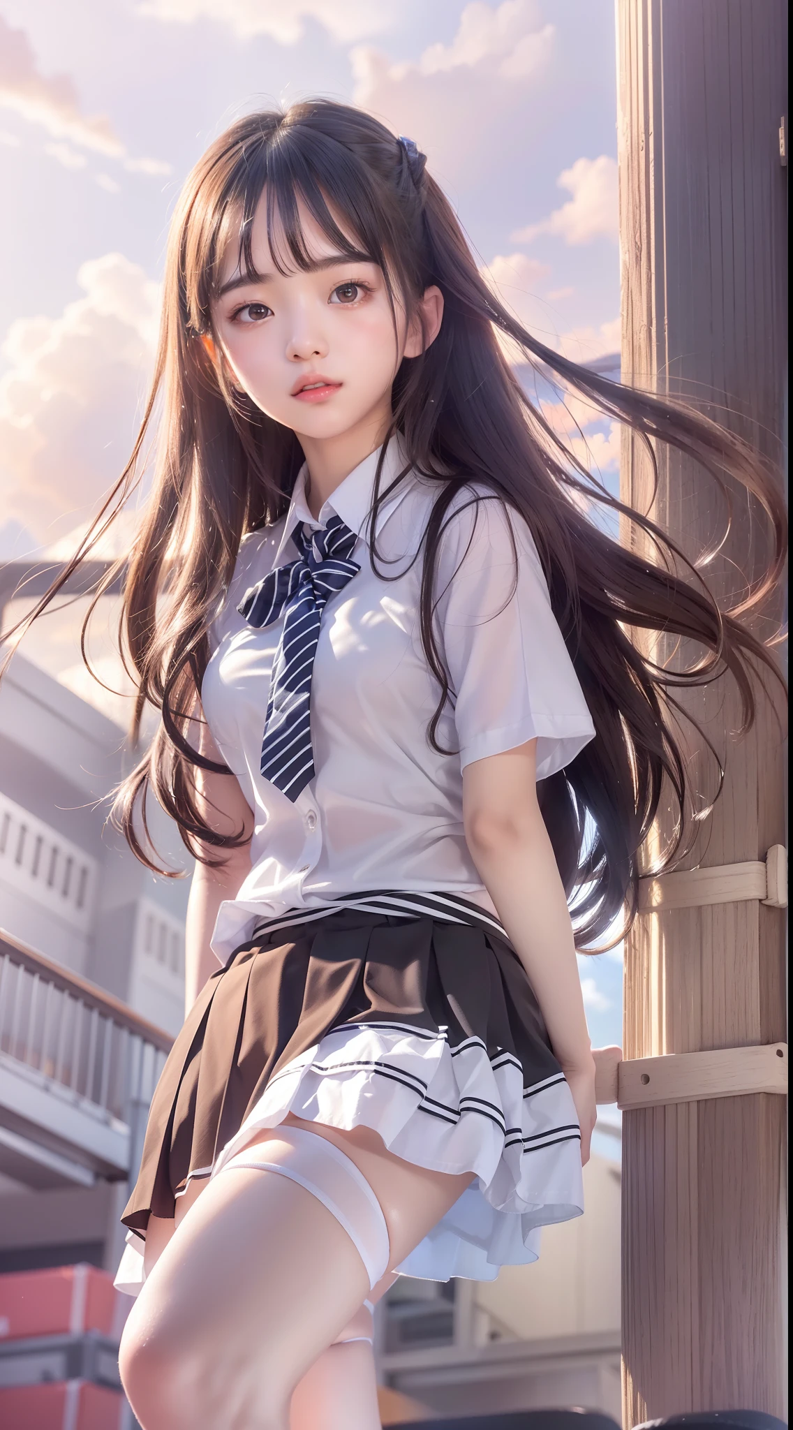 RAW photography:2、 Highest quality、 hentail realism:2、Photorealsitic:2、tmasterpiece、Extremely Delicately Beautiful、finedetail、ultra - detailed、A high resolution、Textured skin、1girl in、(Solo:2)、(Alone:2)、Japanese high school  girl、18yr old、(From the thighs upwards)、(beauitful face:1.5)、 face、Tall、middlebreast、Brown long hair、High school summer uniforms、(Superskirt)、short sleeved shirt、Neck tie、(Bare legs:1.2)、(Black loafers:1.2)、white  panties、(Sky from below:1.5)