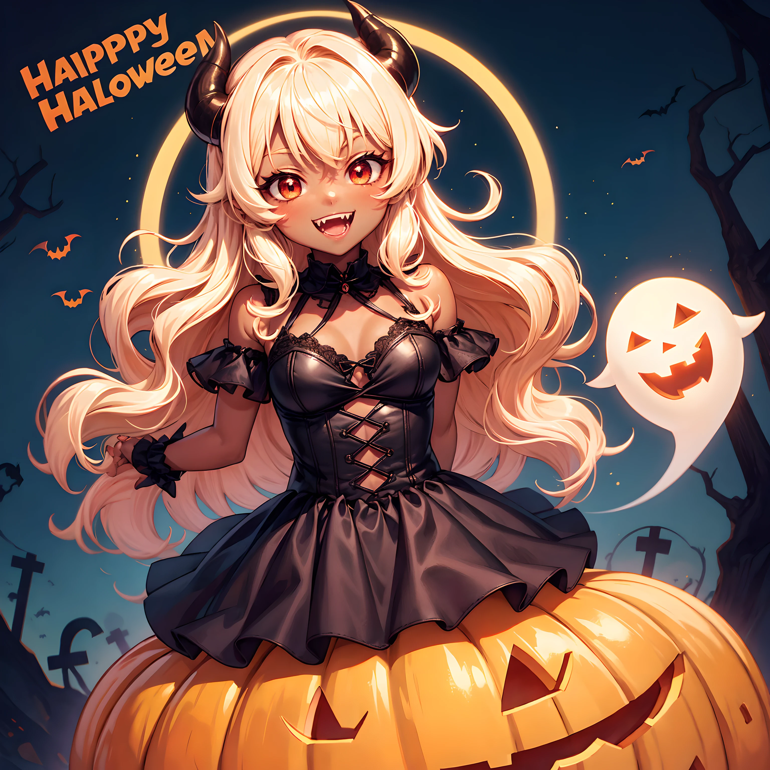 Devil, black devil, cute devil, anime illustration, ultra detailed, hyper sharp image, fangs. blonde wavy curly long hair, wearing rubber costume, halloween festival, jack o'lantern, ghost, happy smile, cute smile, red eyes, dark skin, eating pumpkin, chibi emote, arms down, arms behind back, 4fingers and thumb, perfect hands,