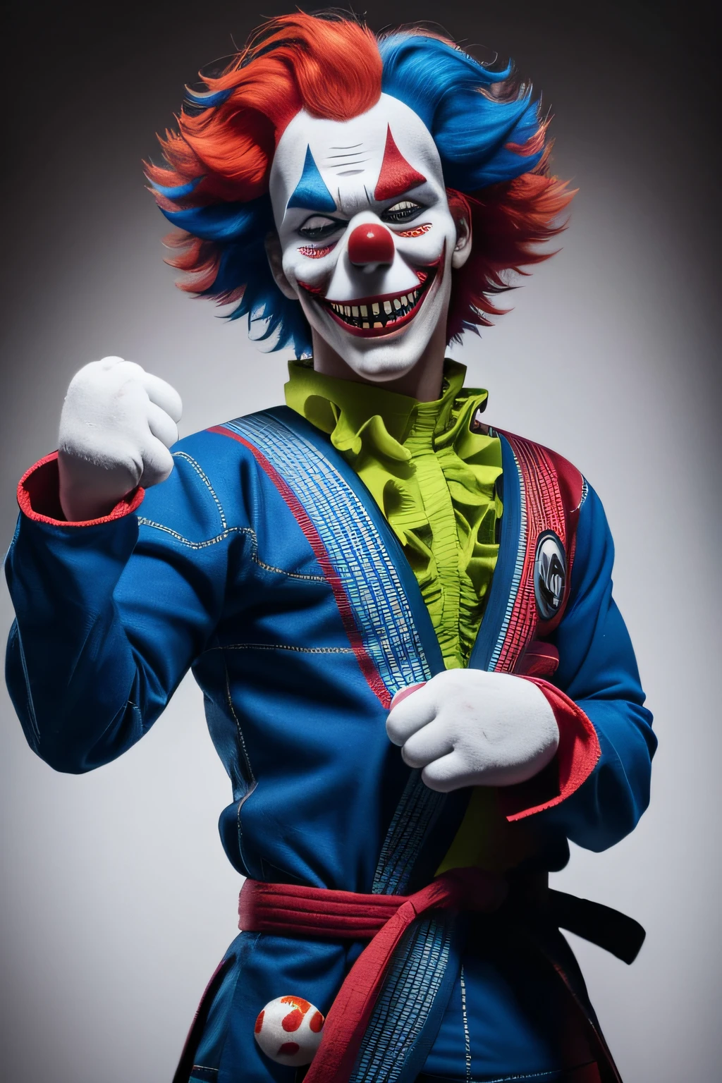 A close up of a clown with a red hair and blue suit - SeaArt AI