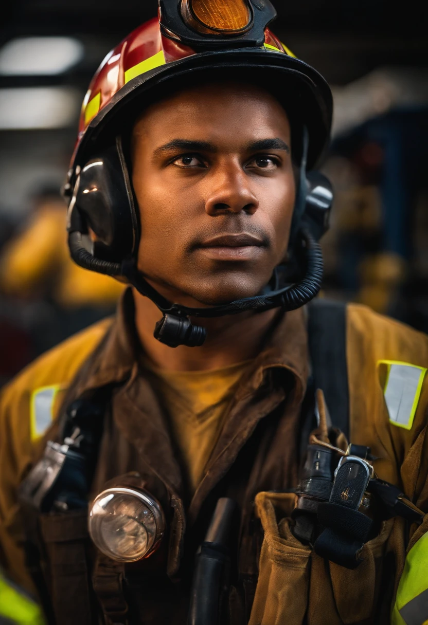 A determined and confident firefighter, up-close. He was surrounded by a series of daily objects, Each contains unique ideas. The focus is on the character, Has a captivating facial expression, Against a sparkling background, Effervescent colors.