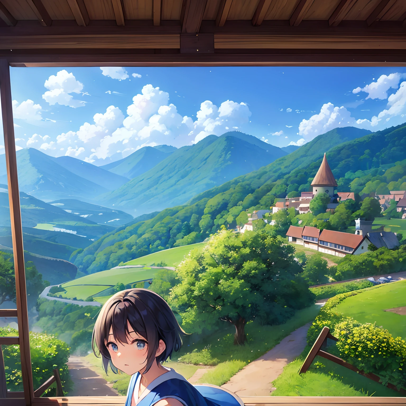 (((melhor qualidade)))), autêntico, paisagem linda e incrível, pintura a óleo, Studio Ghibli, Hayao Miyazaki, colina rural à beira de um penhasco, nevoeiro com céu azul. Um homem e pessoas rurais faziam um banquete e festa no meio da aldeia. De suas barrigas cheias de vermes, enquanto jazem inchados no campo.Era um menino de 12 anos com roupas de camponês, cabelo grisalho e olhos dourados, A escola mal cabe na mão Num céu de linho.