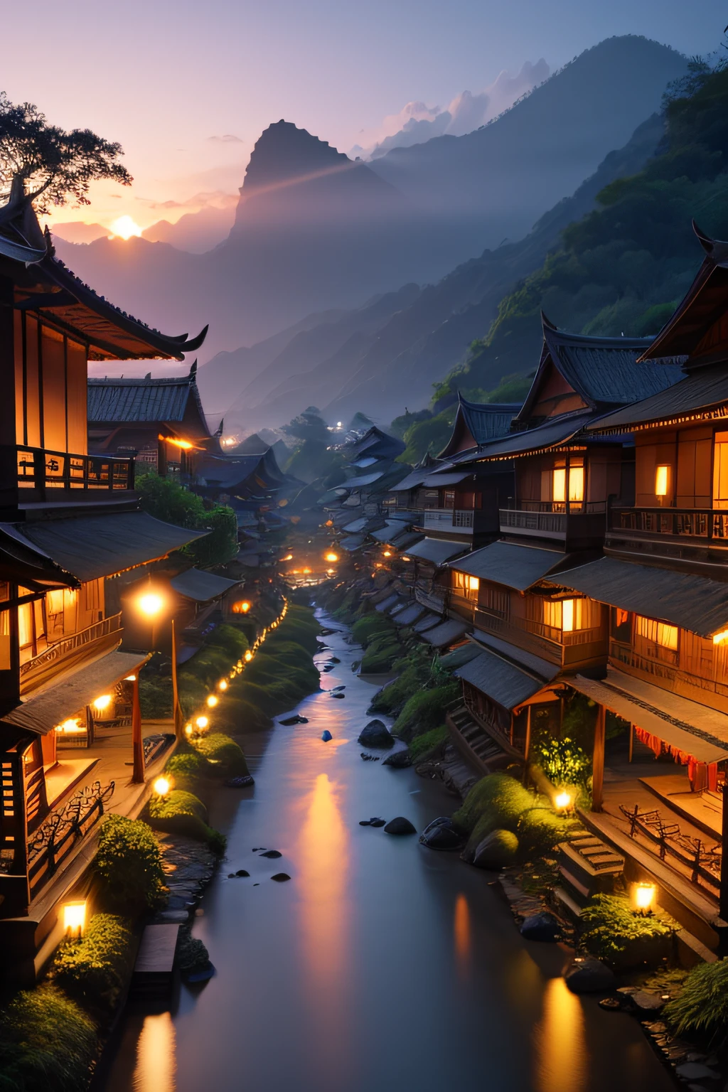 Balinese village at dusk，The background is Valano in the Matai style, Ultra photo realsisim, temples, fores