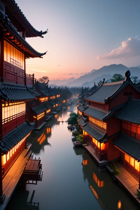 the village at dusk，the background is suzhou and hangzhou architecture, ultra photo realsisim, temples, fores