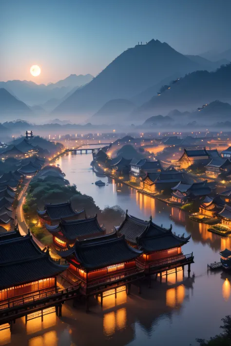 Village under the moon，The background is Suzhou and Hangzhou architecture, In the distance there are misty mountains，Ultra photo...