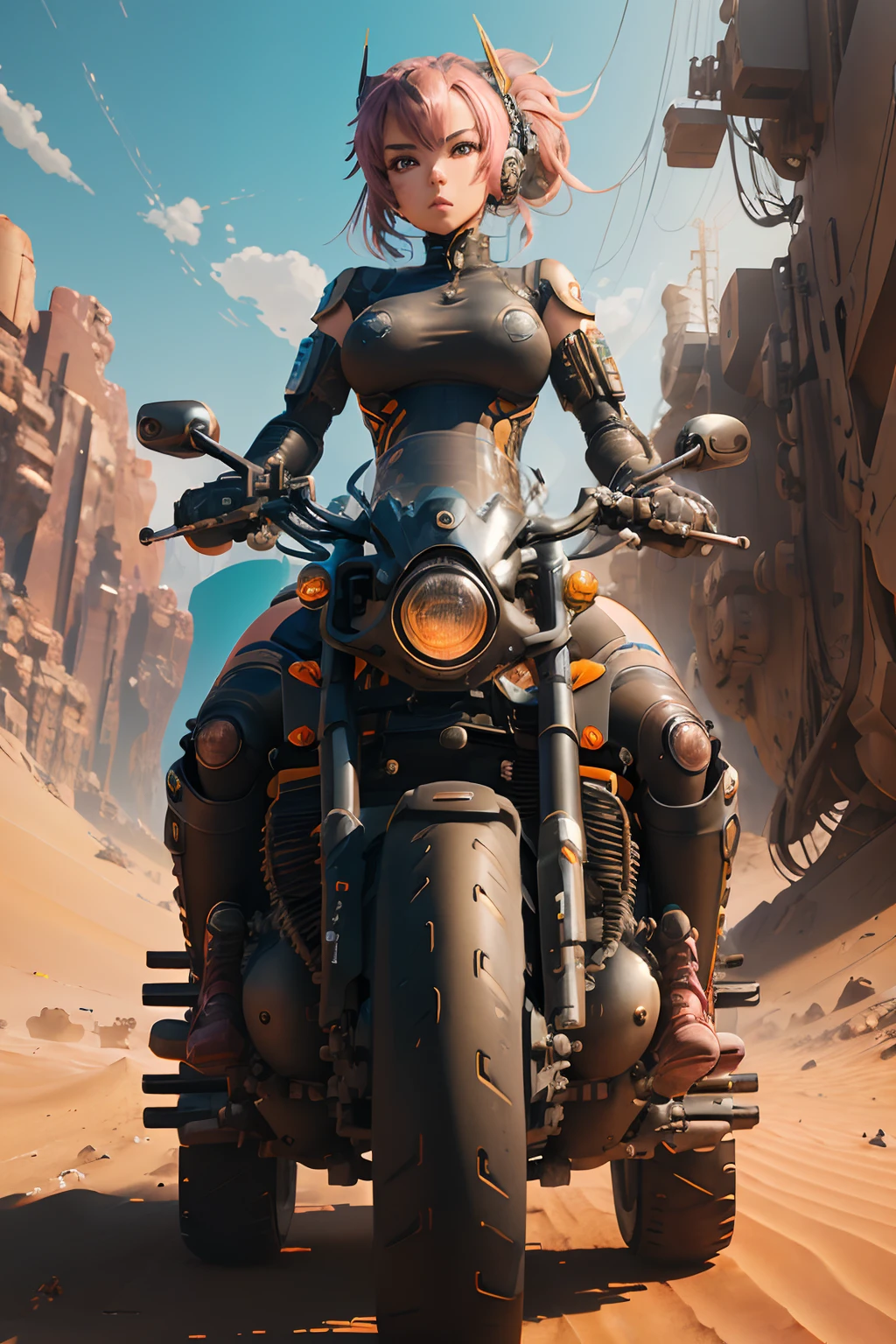 anime girl on a motorcycle in the desert, anime art, mechanized valkyrie girl, cyberpunk anime girl mech, anime mecha aesthetic, sitting on cyberpunk motorbike, digital cyberpunk anime art, Beautiful D&D Character Portrait, Beautiful Face, Ominous, Dark Fantasy, Fiverr Dnd Character, Octane Render, Digital Art, Extreme Detail, 4k, Ultra Hd, Polished, Beautiful, Hyperdetailed, Intricate, Elaborate, Meticulous, Photorealistic, Sharp Focus, Wlop, Character Design, Unreal Engine, 3d Rendered, Volumetric Lighting, Reflections, Glossy, Digital Illustration, anatomically correct, Sensual Pose, Suggestive Pose, Full Body Shot, 💖❤💕💋❣