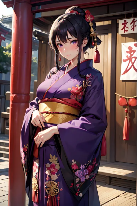 (High quality,High resolution,Fine details,Realistic),Solo,Adult Woman,(Purple eyes),Sparkling eyes,blush,Large breasts,Pear shape,(Black hair),Sweat,Oily skin,((red kimono with fine embroidery)),(Shrine in the background),Standing,Frontal