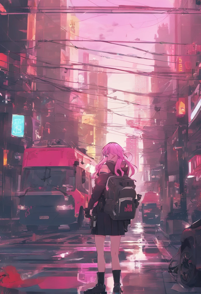 Works of masters，Higher quality，high detal，超高分辨率，8K分辨率，depth of fields，cyber punk perssonage，femele，bike，ssmile，long whitr hair，Pink hair，curlies，ear studs，bangle，tee shirt，hoody，Firefighter jacket，Armored boots，cycle，springtime，setting sun，city road，Bus stop，Cinematic lighting