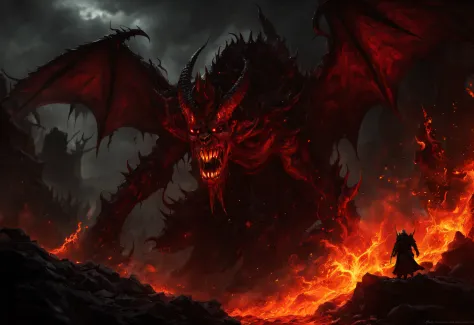 (a demon in the underworld),dark,ominous,demonic figure,fiery red eyes,sharp horns,menacing smirk,intimidating presence,blackened wings,smoke and flames,fear-inducing,evil aura,sinister silhouette,gloomy atmosphere,misty caverns,dripping stalactites,lava r...