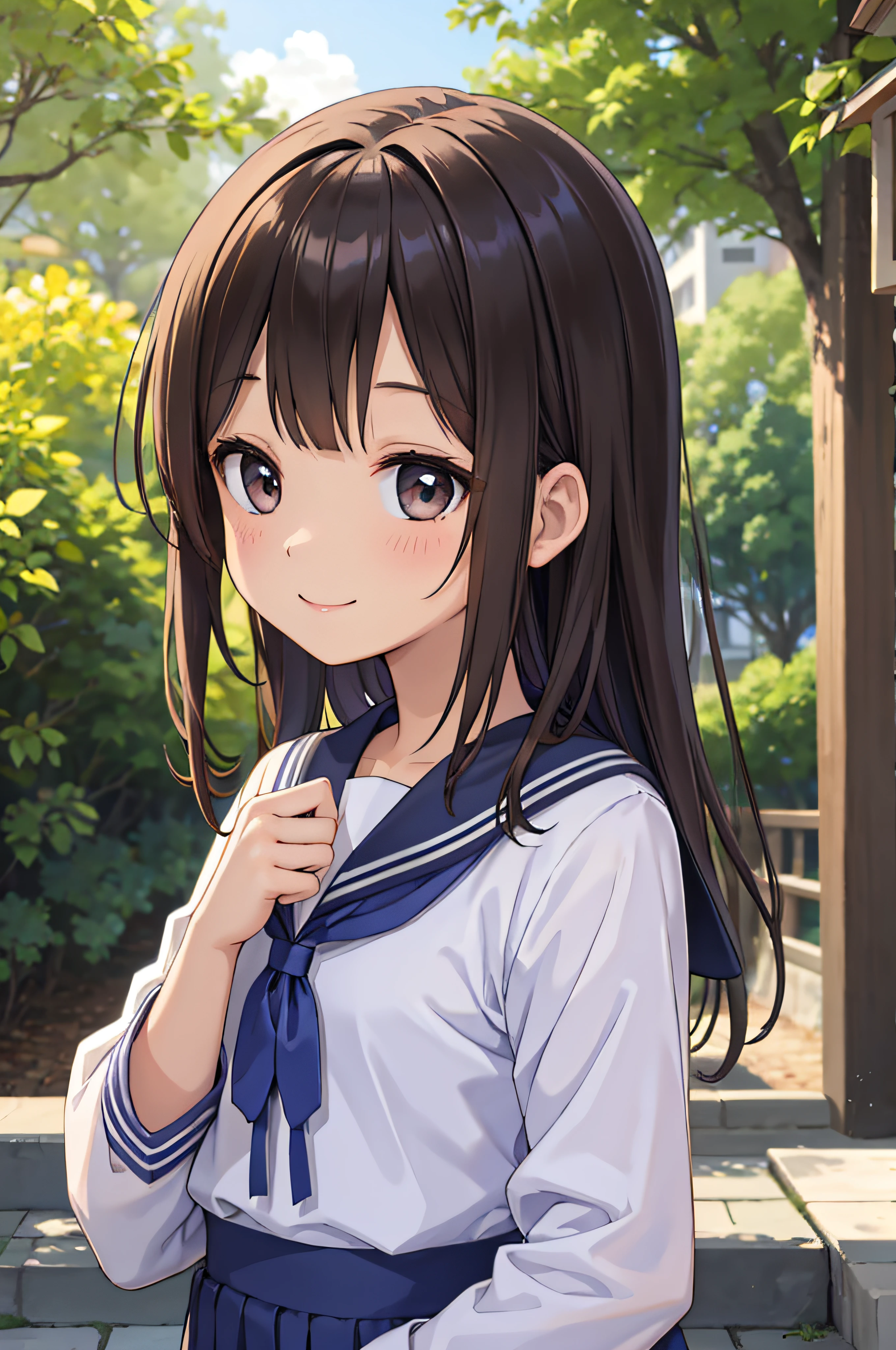 13years、brown haired、beautidful eyes、real looking skin、hi-school girl、a sailor suit、small tits、(8K、​masterpiece)、(reallistic、Photorealsitic)、top-quality、ighly detailed、The ultra-detailliert、Beautie、cute little、japanes、Idol、a smile、Close-up portrait、Healthy face