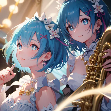 ​masterpiece, top-quality, illustratio, saxophone blue, platinum earrings, platinum necklace, short hair, maid headdress, x hair...