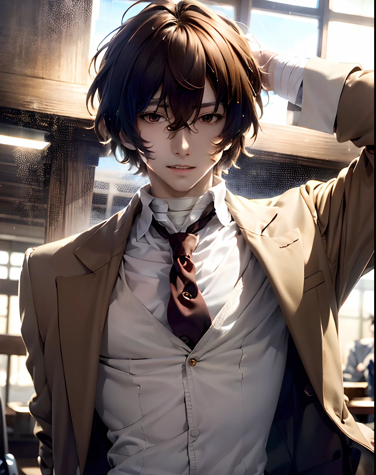 Anime boy with brown hair and a white shirt and tie - SeaArt AI