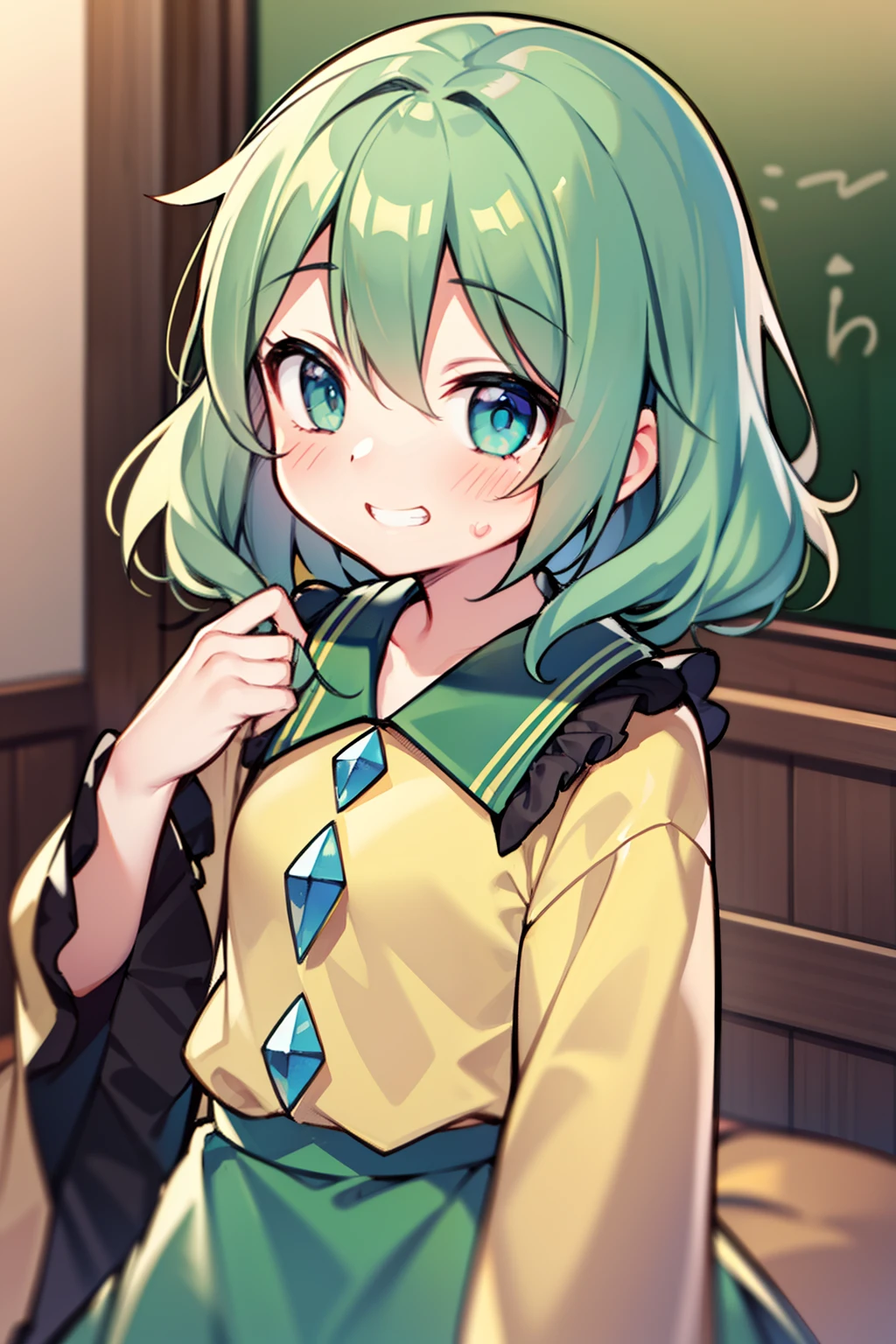 Anime girl with green hair and blue eyes in a school classroom - SeaArt AI