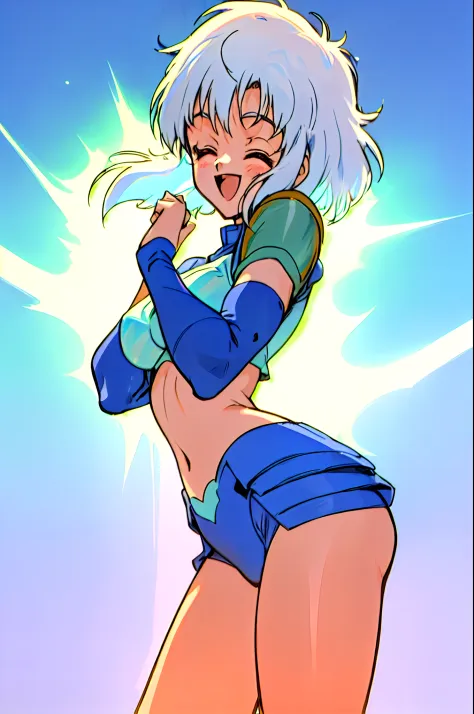 1girl as female soldier in blue armor, white hair, torso shot, hands in the air, victorious , medium hair, front view, shortstackBT, looking happy, in HNKstyle, 80's anime
