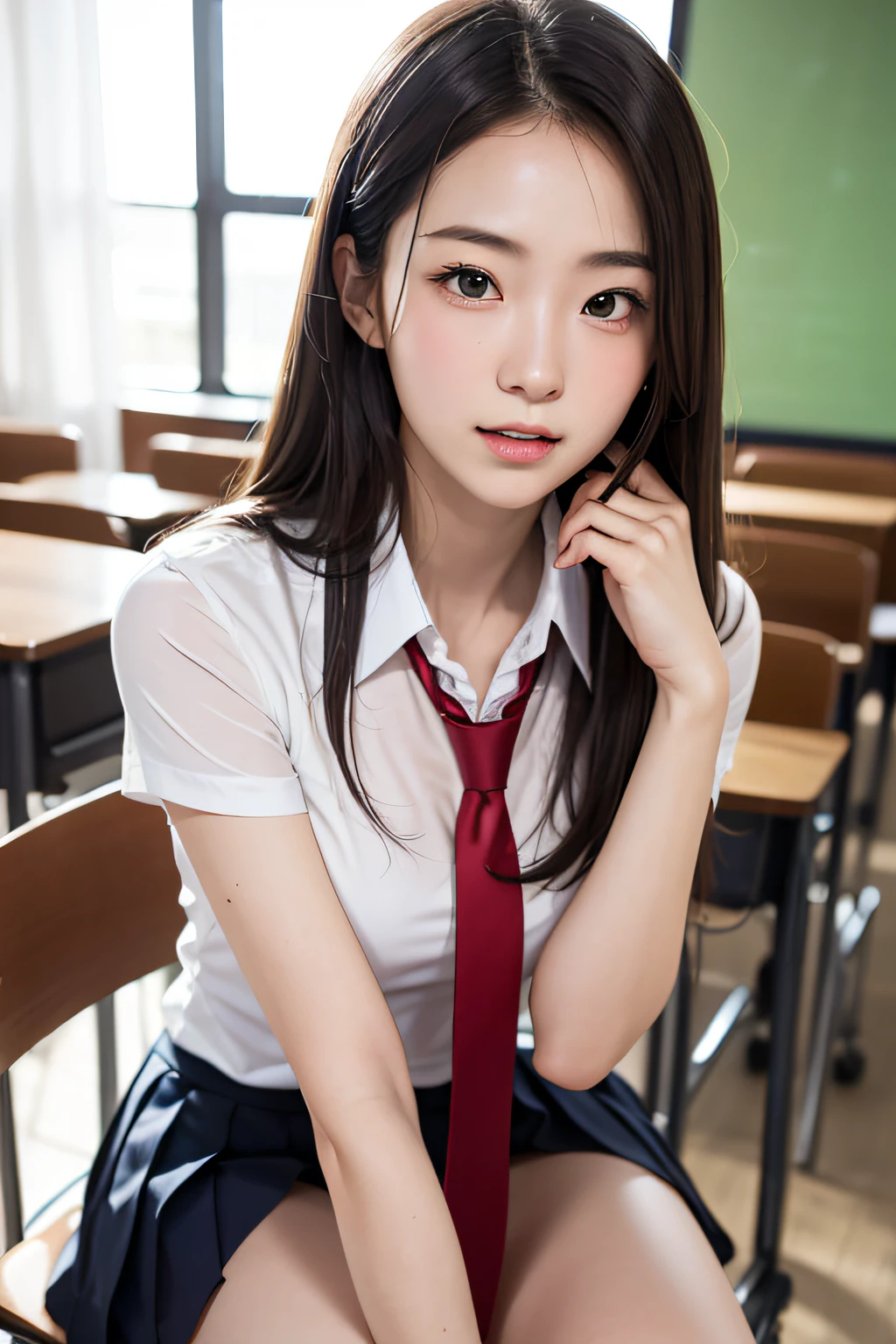 (masutepiece, Best Quality:1.2), 8K, 18year old, 85 mm, Official art, Raw photo, absurderes, White dress shirts, Pretty Face, close up, Upper body, violaceaess, gardeniass, Beautiful Girl, School uniform, (Navy pleated skirt:1.1), Cinch West, thighs thighs thighs thighs, Short sleeve, ‎Classroom, Gravure Pose, Looking at Viewer, No makeup,ssmile, Film grain, chromatic abberation, Sharp Focus, face lights, clear lighting, Teen, Detailed face, Bokeh background, (dark red necktie:1.1)、medium breasts⁩、Skinny face