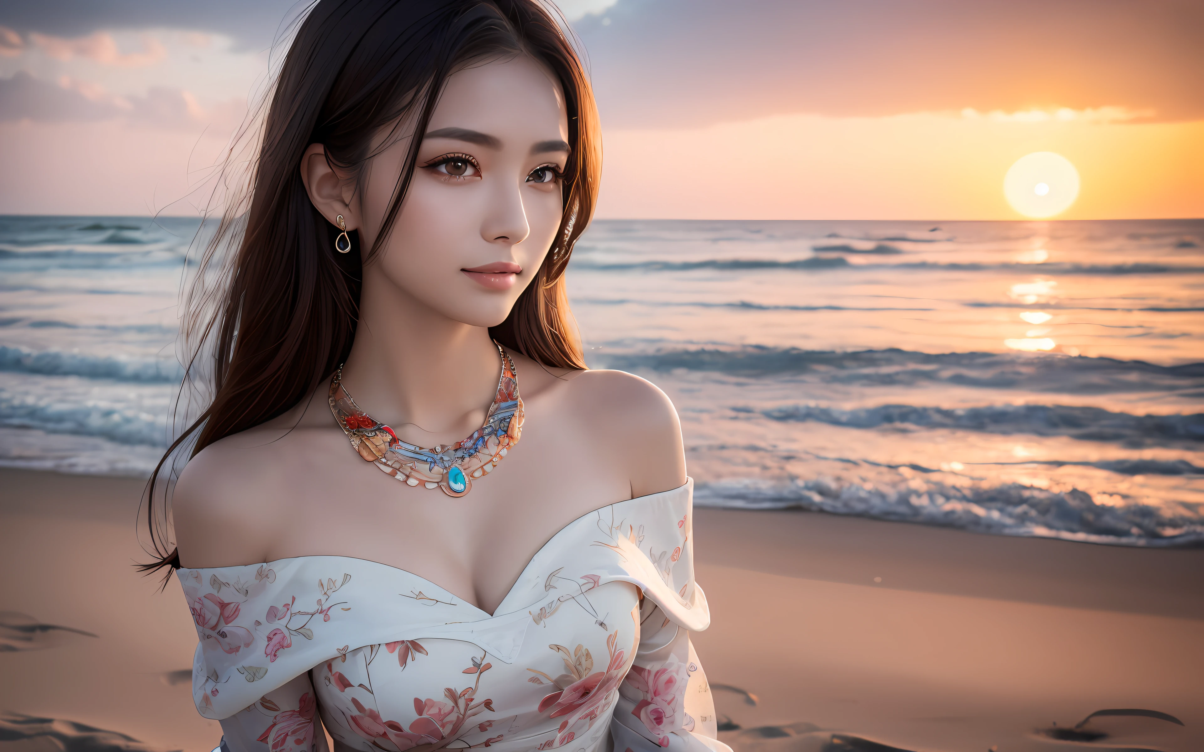 (upper body), (best quality:1.1) ,(photorealistic:1.1), (photography:1.1), (highly detailed:1.1), looking at viewer,armlet, Jade bracelet, eyelashes, happy, medium breasts,beautiful detailed girl, (extremely detailed eyes and face), (lighting on face),necklace,Colorful clothes, [chinese clothes],[off shoulder], (solo:1.2), sandbeach,sand,Standing by the seaside, summer, (beautiful detailed sky),
