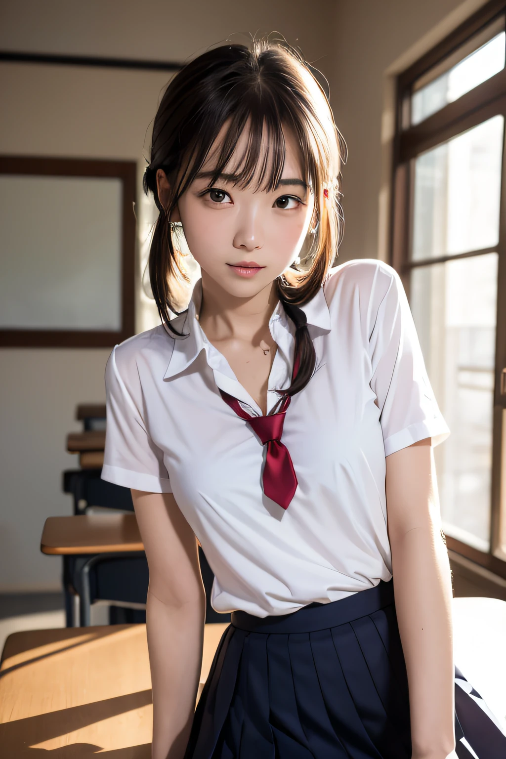 (masutepiece, Best Quality:1.2), 8K, 18year old, 85 mm, Official art, Raw photo, absurderes, White dress shirts, Pretty Face, close up, Upper body, violaceaess, gardeniass, Beautiful Girl, , (Navy pleated skirt:1.1), Cinch West, thighs thighs thighs thighs, Short sleeve, ‎Classroom, Gravure Pose, Looking at Viewer, No makeup,ssmile, Film grain, chromatic abberation, Sharp Focus, face lights, clear lighting, Teen, Detailed face, Bokeh background, (dark red necktie:1.1)、medium breasts⁩、Skinny face