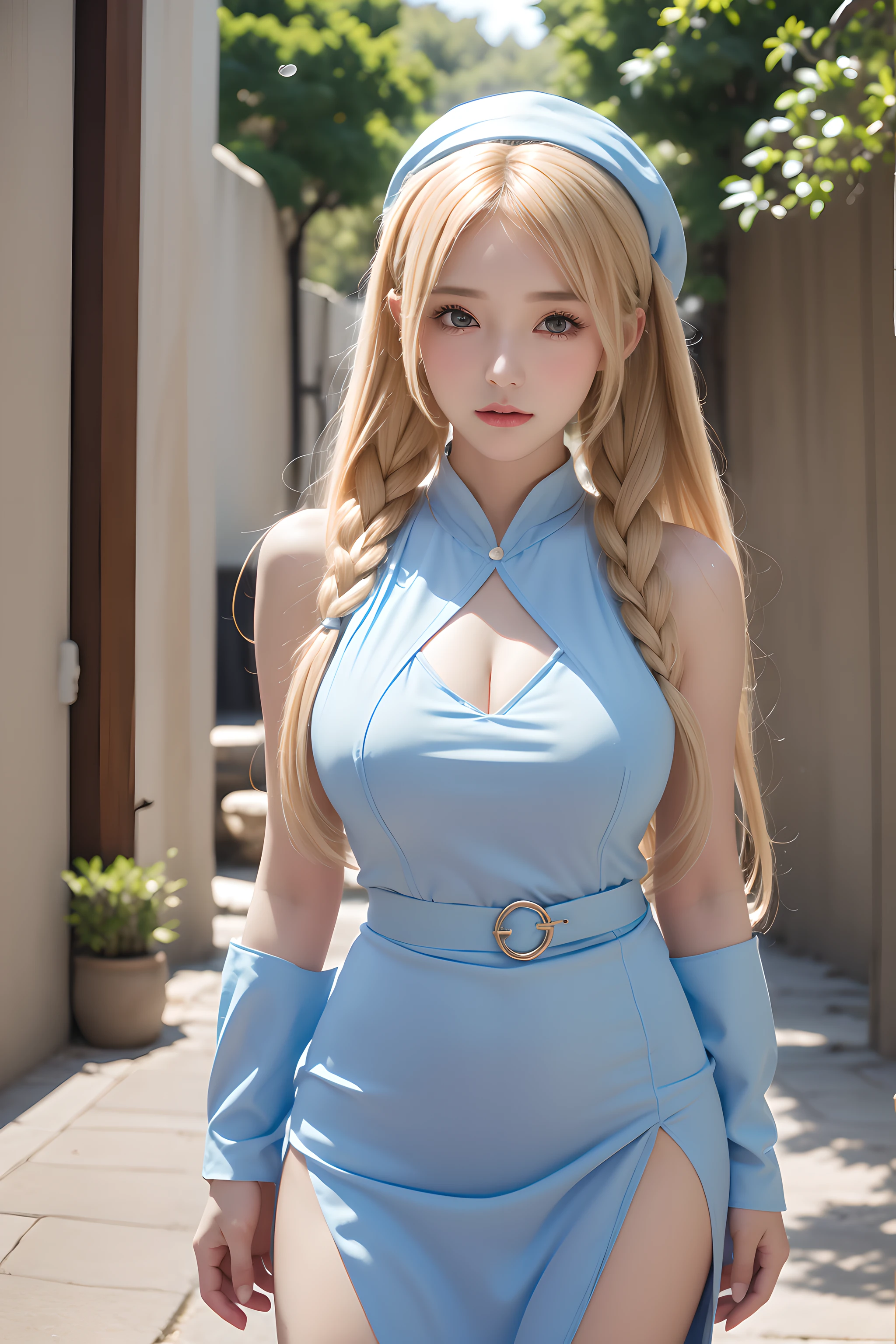 (fantasy:1.2), cowboy shot, ((standing)), looking viewer,
((1girl, solo)), cleric costume, robe, ancient Greek clothes. white-royal_blue clothes, 
{twintails | beret},
({blonde hair}),
{large breasts}, arms down, arms behind back,
