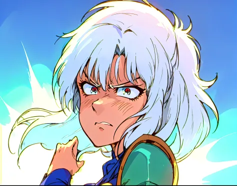 close up portrait, 1girl as female in blue suit armor, white hair, portrait shot, long hair, front view, shortstackBT, looking angry, in HNKstyle, 80's anime