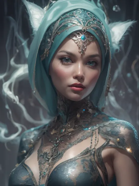 Full body portrait, beautiful fantasy Catwoman in hijab, shiny metallic jeweled depth, glowing smoke neon eyes, hoarfrost metal ...