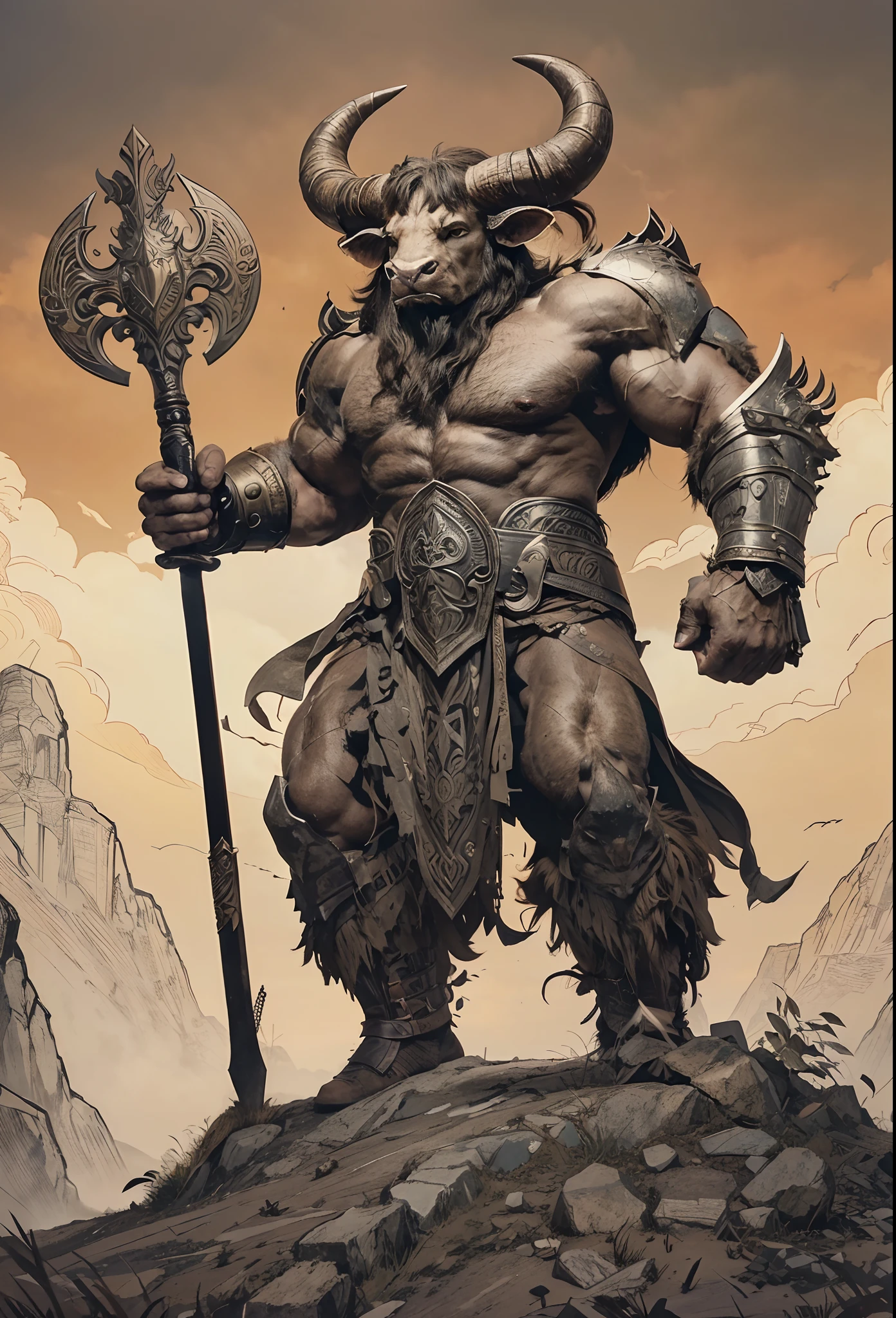 Anime-style Minotaur: A majestic Minotaur, with an imposing bull's head ...