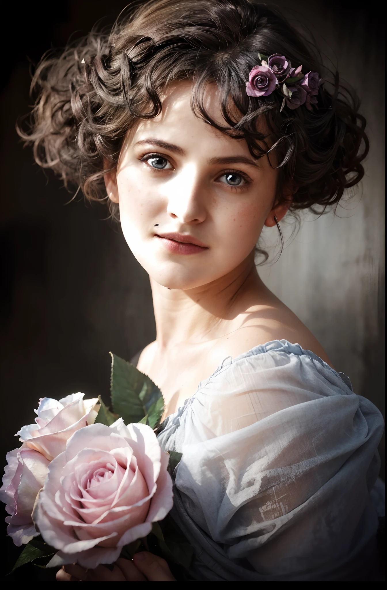 portrait arafé d&#39;une femme avec une rose dans les cheveux, colorisé, colorisé, colorisé 1 9 0 4 photo, a colorisé photo, colorisé photo, portrait en couleur, colorisé, colorisé photograph, award winning colorisé photo, teinté à la main, colorisé background, portrait féminin, detailed portrait en couleur, Portrait de perle autochrome, Art Nouveau portrait, 8K Portrait, texture de tissu complexe et détaillée, (thème noir anthracite:1.3), motifs en spirale, taches de rousseur sur le corps, brillant, image de haute qualité, chef-d&#39;œuvre, texture de cheveux détaillée, texture de peau détaillée, texture de tissu détaillée, 8k, ajouter des détails de tissu, ultra texture de peau détaillée, photo ultra détaillée, pores de la peau, détails en tissu, détails de peau élevés, Réaliste hair details, (8k, photo brute, Meilleure qualité, chef-d&#39;œuvre:1.2), (Réaliste, photo-Réaliste:1.4), ultra-détaillé (granuleux:0.2)