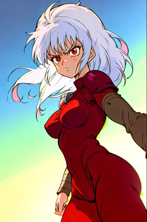 1girl as female in red suit armor, white hair, torso shot, hands in the air,  long hair, front view, shortstackBT, looking angry, in HNKstyle, 80's anime