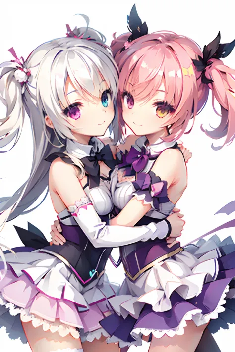 Two girls,Twin-tailed,Chest to chest,hug,Heterochromia,magical girl costume,evil smile,White background,Top image quality,Best Q...