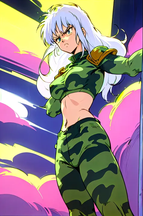 1girl as female in camouflage suit armor, white hair, torso shot, hands in the air,  long hair, front view, shortstackBT, looking angry, in HNKstyle, 80's anime