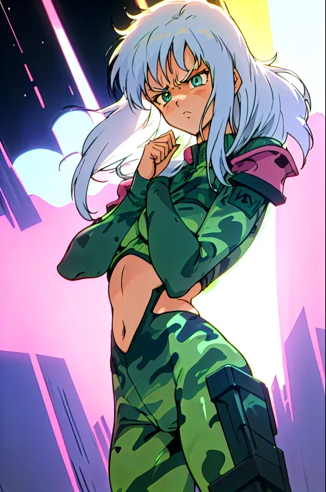 1girl as female in camouflage suit armor, white hair, torso shot, hands in the air,  long hair, front view, shortstackBT, looking angry, in HNKstyle, 80's anime