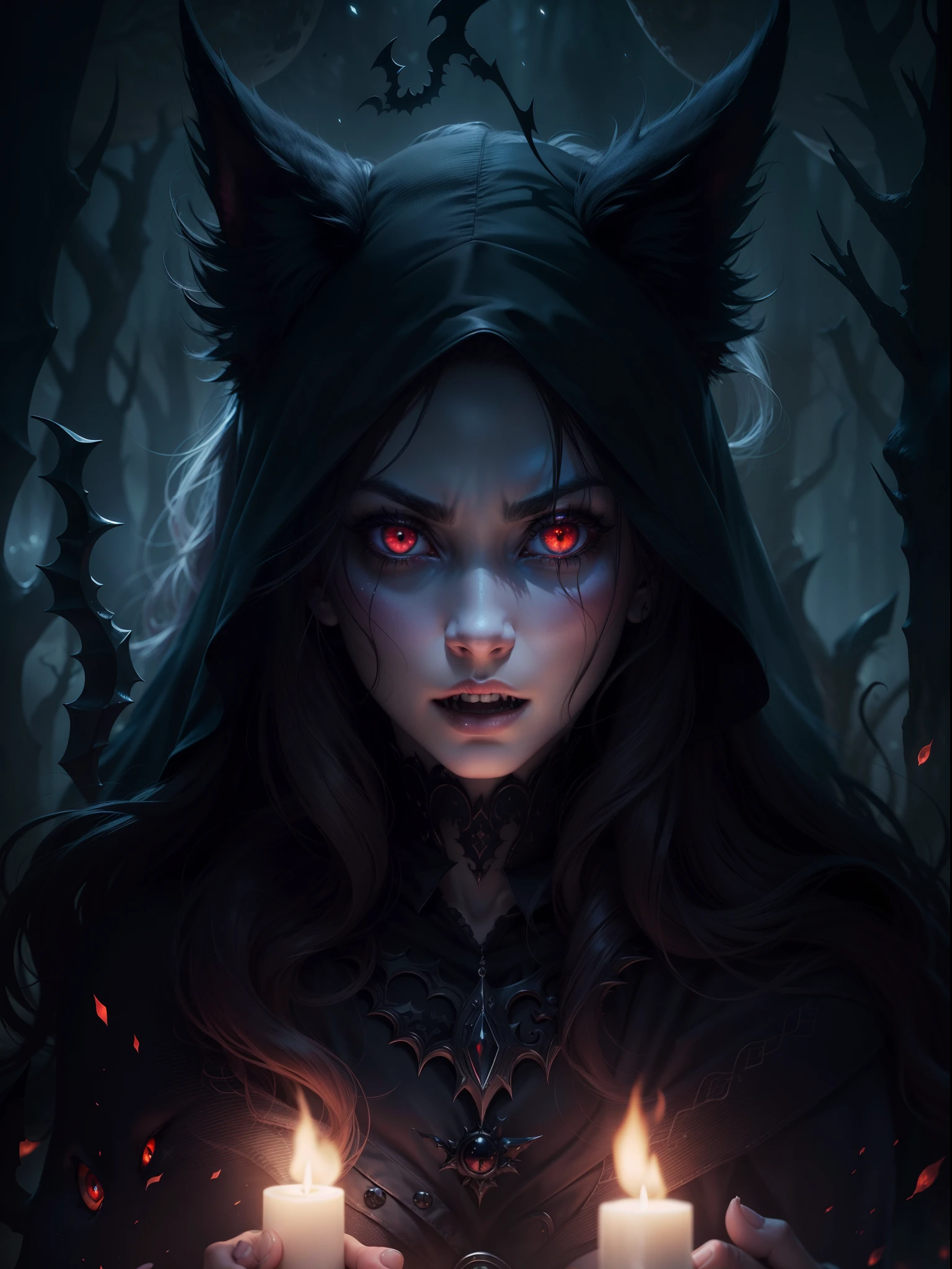 (highres:1.2),(realistic:1.37),devil girl,pet wolf,dark fantasy,enchanted forest,magic powers,glowing eyes,demonic features,black cloak,ominous atmosphere,moonlit night,sharp fangs,pale skin,ominous shadows,detailed facial expressions,dark tendrils,nightmare,haunting,gothic aesthetic,ferocious companion,vivid colors,dangerous beauty,captivating gaze,sinister aura,creature of the night,enchanted bond,loyal protector,moon's reflection,shadowy figure,ethereal,mythical,otherworldly,mesmerizing presence