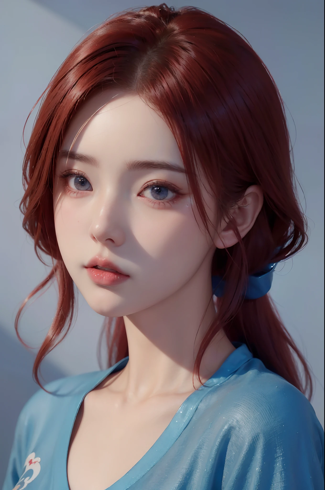 a woman with red hair and blue eyes is posing for a picture, realistic anime 3 d style, 3 d anime realistic, hyper realistic anime, photorealistic anime, photorealistic anime girl render, realistic young anime girl, anime realism, kawaii realistic portrait, anime realism style, realistic. cheng yi, realistic cute girl painting, realistic anime, realistic art style