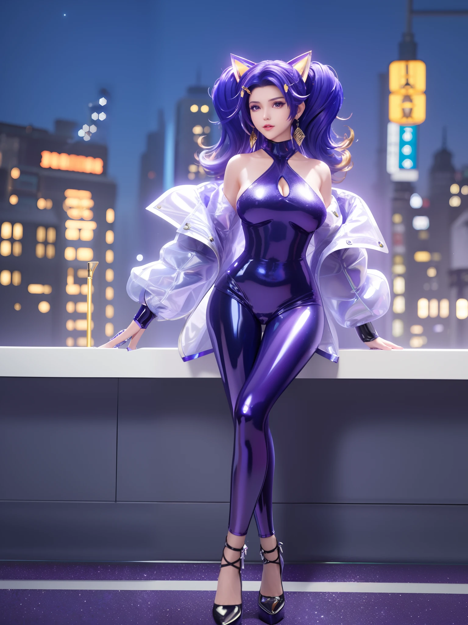 hair ornament,standing,cityscape,night,lake,mature female,looking at viewer,detached sleeves,skirt,navel,twintails,coat, hairclip, earrings,Allalyn in shiny purple cat suit sitting on the floor, latex shiny, wearing atsuko kudo latex outfit, wearing tight suit, smooth purple skin, Purple body, shiny metallic glossy skin, shiny plastic, futuristic glossy latex suit, shiny plastic armor, shiny glossy skin, tight full body suit, Wearing latex, shiny and metallic, Glowing purple, Glossy　open one's legs　M-shaped legs　angry expressions　sullenness