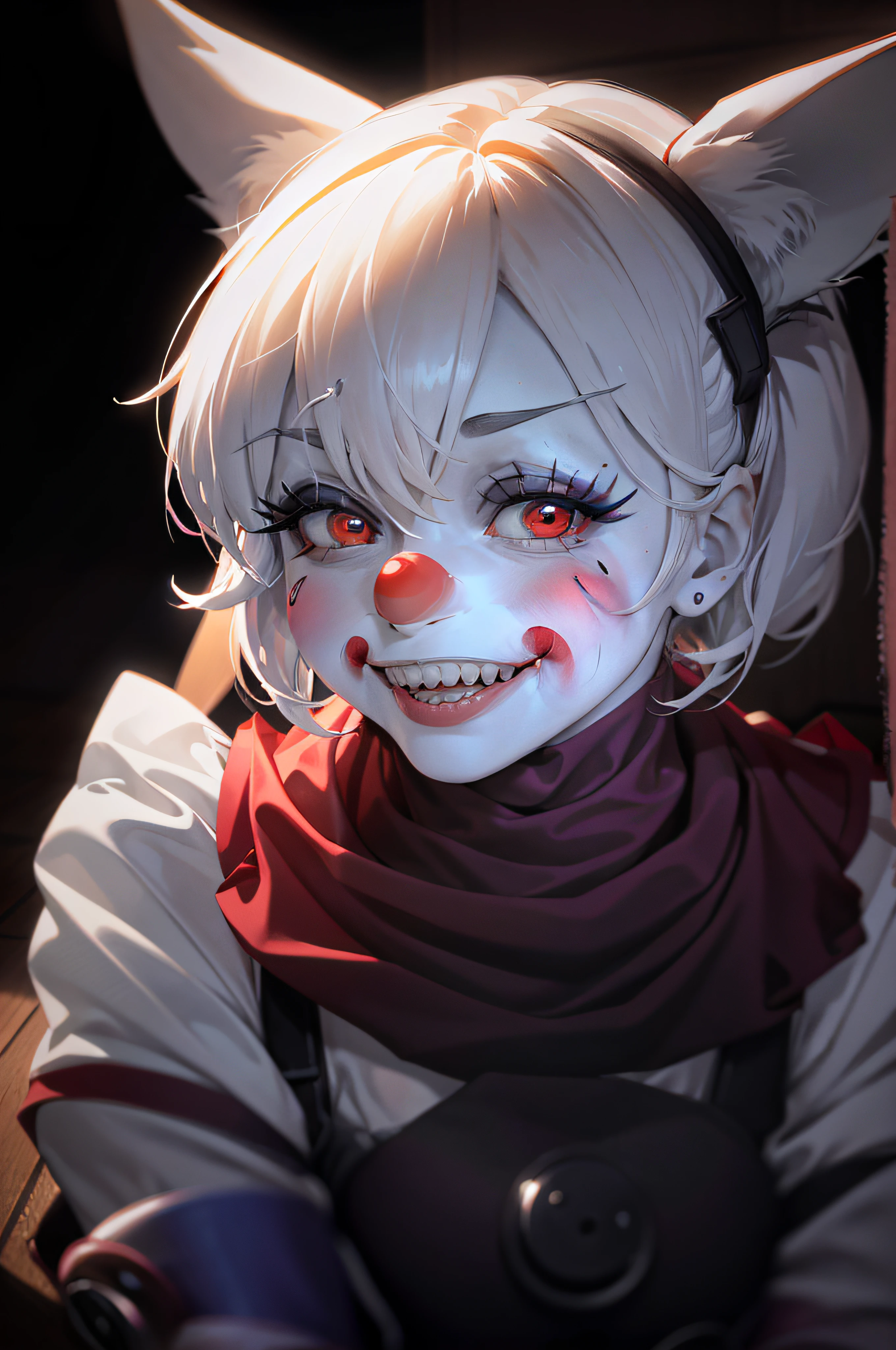 (,best quality, high resolution:1.3), dark dynamic lighting, dark lighting, exe (edgClussy:1.1) (sitting on end of hallway:1.2), looking, holding weapon, Exe, teeth, horror (theme), red eyes, smile, sharp teeth, glowing, dark, blood, tongue, grin, glowing eyes, evil smile, red clown nose,