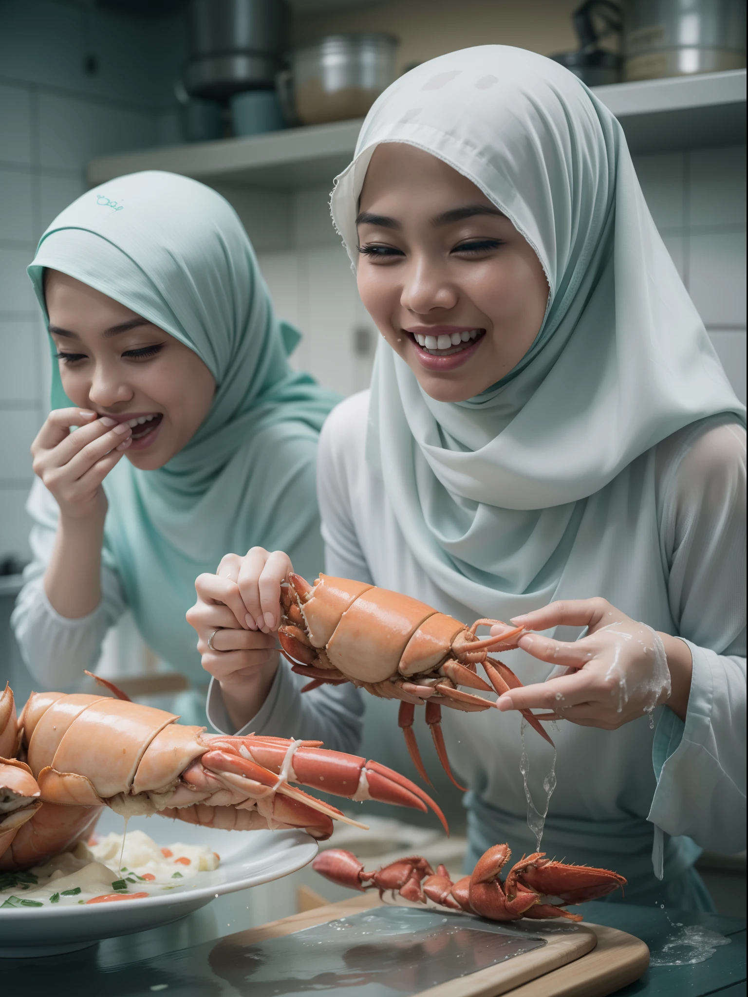 Duas mulheres em hijabs estão comendo lagostas em uma cozinha - SeaArt AI