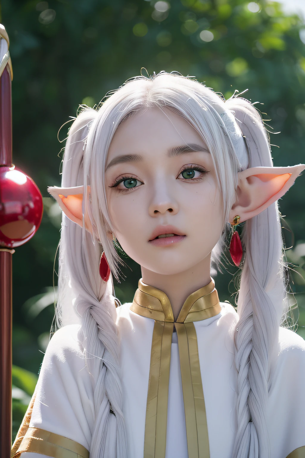 top-quality, 8K, ultra-detailliert, Photorealsitic, (girl with１a person:1.5), Funeral Freelen, Freelen, white hair girl, Twin-tailed, white robes, Elven ears, Green eyes, Red stone earrings, close up of face
, Holding a staff with a red stone, sixteen years old