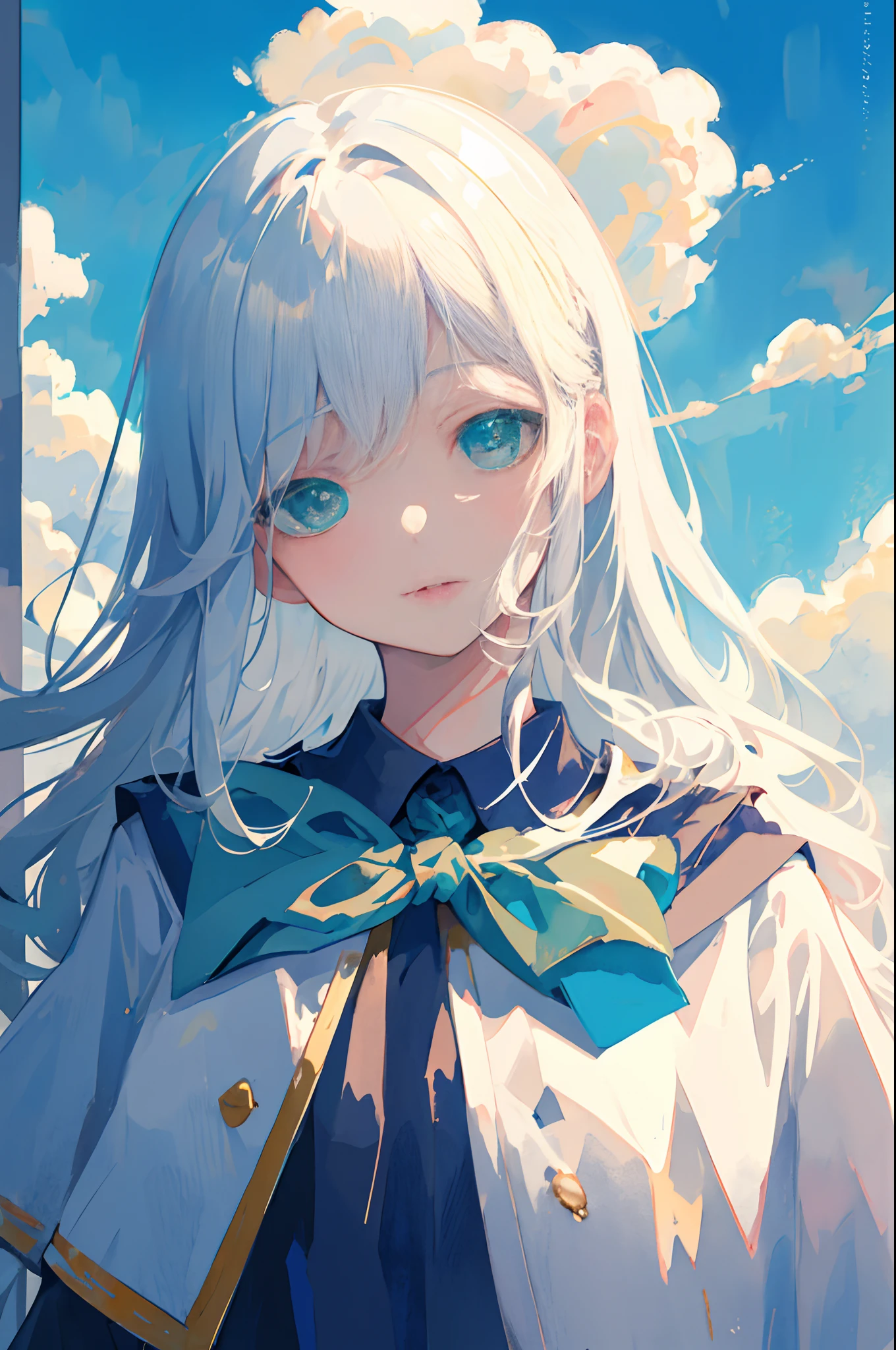 masterpiece, best quality, illustration, watercolor, flat color, blue sky, 1girl, close-up, straight-on, looking at viewer, detailed medium white hair, green eyes, serafuku, parted lips