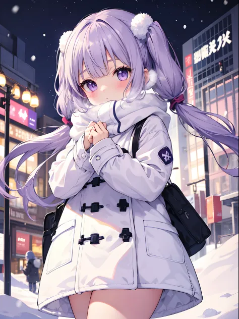 Winter clothes Little girl Big eyes Light purple hair Twin tails Snow Blur background White scarf Duffel coat