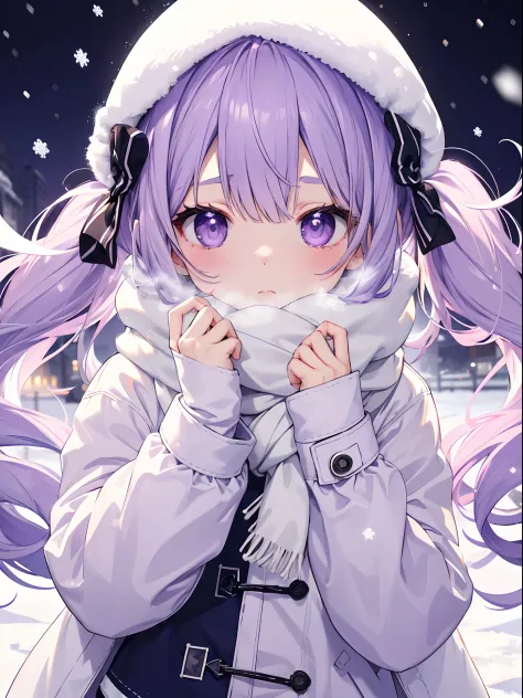 Winter clothes Little girl Big eyes Light purple hair Twin tails Snow Blur background White scarf Duffel coat