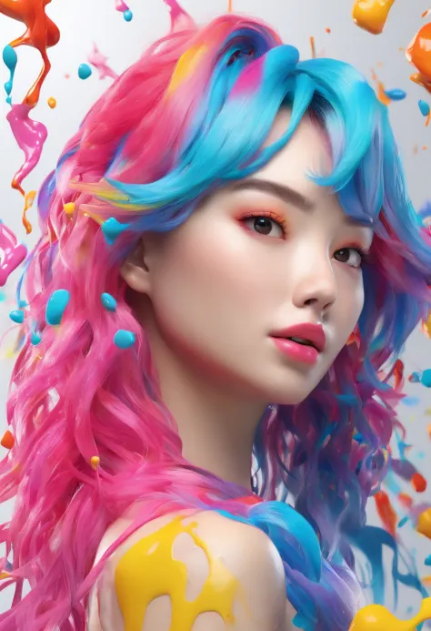 (Masterpiece, Best Quality, High Resolution), White Background, ((Paint Splash, Color Splash, Splash of Ink, Color Splash)), Sweet Chinese Girl, Rainbow Hair, Pink Lips, Front, Upper Body