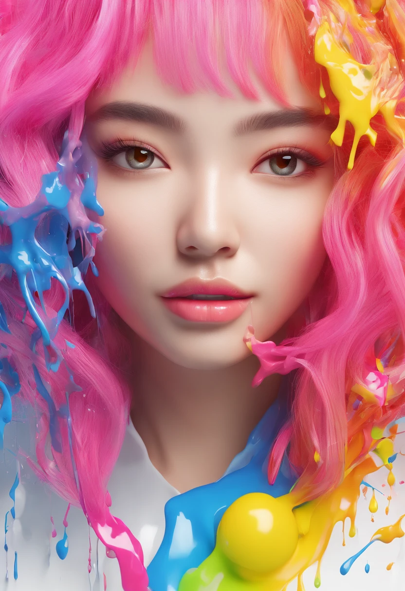 (Masterpiece, Best Quality, High Resolution), White Background, ((Paint Splash, Color Splash, Splash of Ink, Color Splash)), Sweet Chinese Girl, Rainbow Hair, Pink Lips, Front, Upper Body