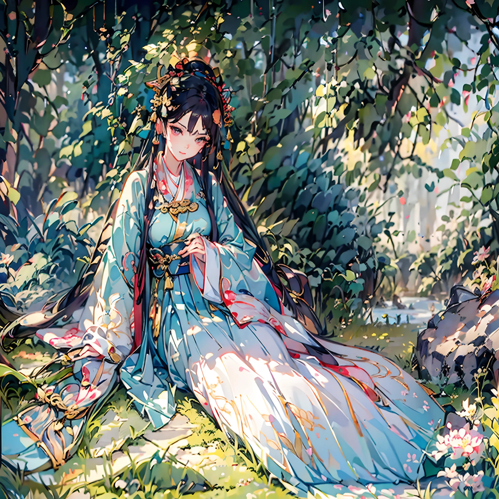 Anime - image de style d&#39;une femme en vêtements kimono assise sur un rocher, palais somptueux ， une fille en hanfu, Dieu aux cheveux blancs, portrait onmyoji, Tendances sur ArtStation pixiv, guweiz sur pixiv artstation, style animé 4k, fond d&#39;écran d&#39;art animé 8K, Guweiz sur ArtStation Pixiv, fond d&#39;écran animé 4k