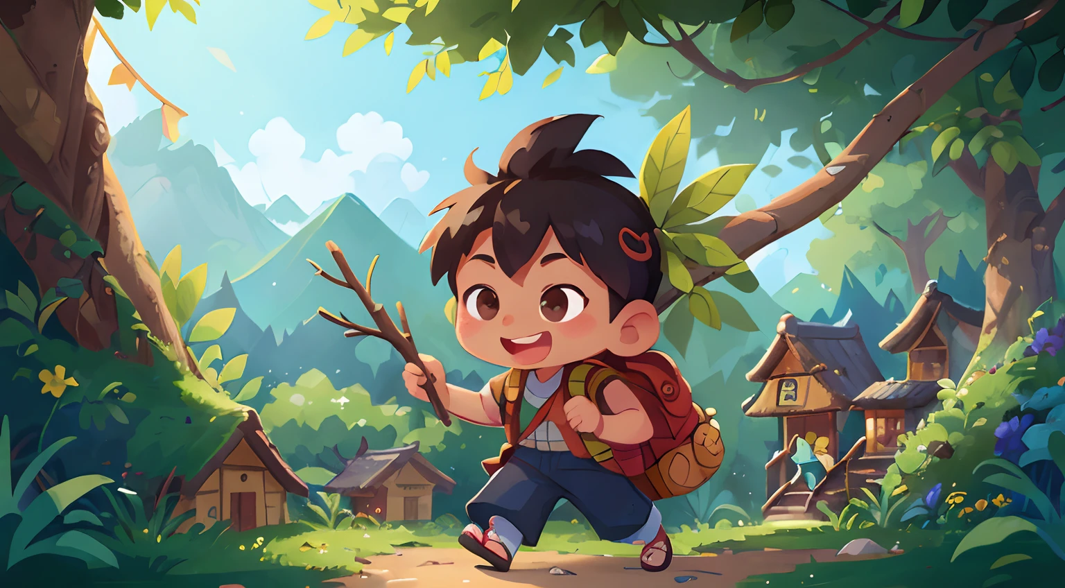 A boy, carrying a bamboo backpack, impoverished, holding a branch, dressed in ethnic clothing, with a captivating smile, clear facial features, kind-hearted, a poor person, in a Zhuang village, surrounded by mountains, under a blue sky, with forest houses adorned with colorful flags. 

(best quality,4k,8k,highres,masterpiece:1.2),ultra-detailed,(realistic,photorealistic,photo-realistic:1.37),HDR,UHD,studio lighting,ultra-fine painting,sharp focus,physically-based rendering,extreme detail description,professional,vivid colors,bokeh.

portrait,landscape,poverty,ethnic culture,happiness,nature,serene atmosphere,colorful forest,traditional village,scenic beauty,adventure,crisp air, idyllic scenery.