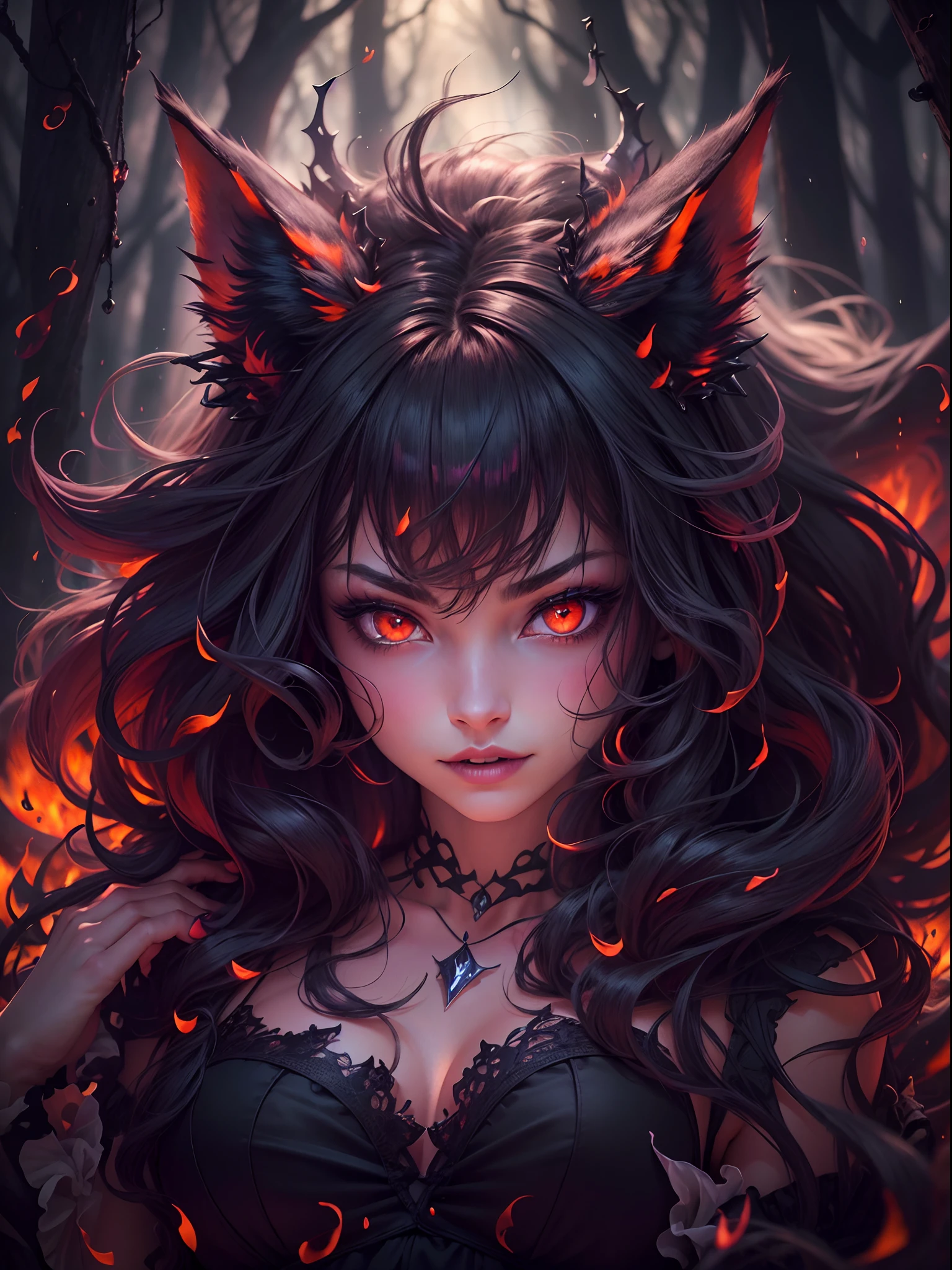 (best quality,4k,8k,highres,masterpiece:1.2),ultra-detailed,(realistic,photorealistic,photo-realistic:1.37),A devil girl with cute fluffy wolf as a devil pet,illustration,dark art,gothic,red color palette,warm lighting,fiery background,glowing eyes,horns,tail,sharp teeth,demonic smile,beautiful detailed eyes,beautiful detailed lips,flawless porcelain skin,dark long hair,black dress,fierce expression,mischievous smirk,wolf ears,furry wolf paws,twisted devil's horns,piercing stare,magic flames,spooky atmosphere,floating crystals,enchanted forest,moonlight,nighttime scene,dramatic shadows,creepy vines,twisted trees,thunderstorm,rainy weather,evil aura
