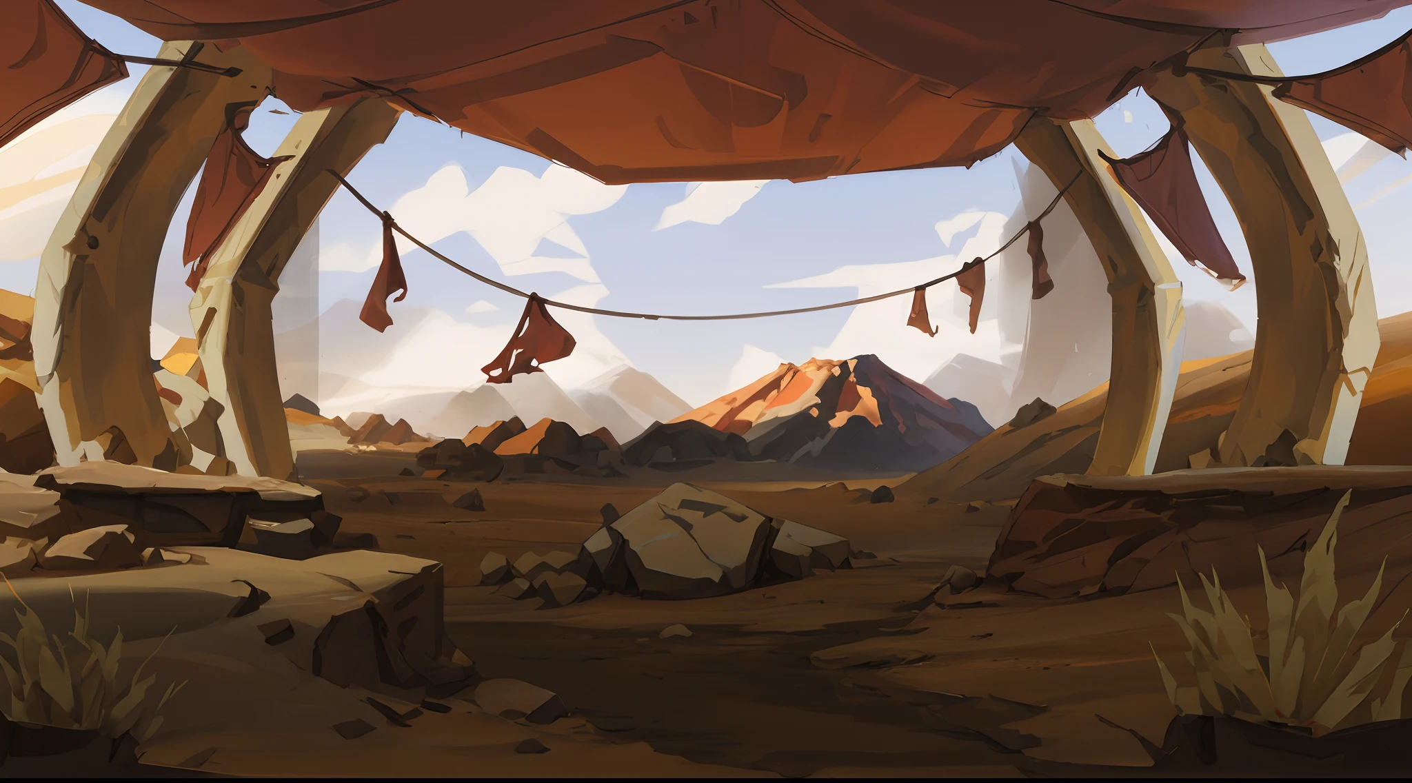 there is a drawing of a tent with a bench in the middle, ancient interior tent background, volcanic workshop background, some mountains in the background, concept art for a video game, desert environment, background art, desert setting, steampunk desert background, concept art!, dusty environment, painted as a game concept art, desert in the background, scenery game concept art, indie concept art