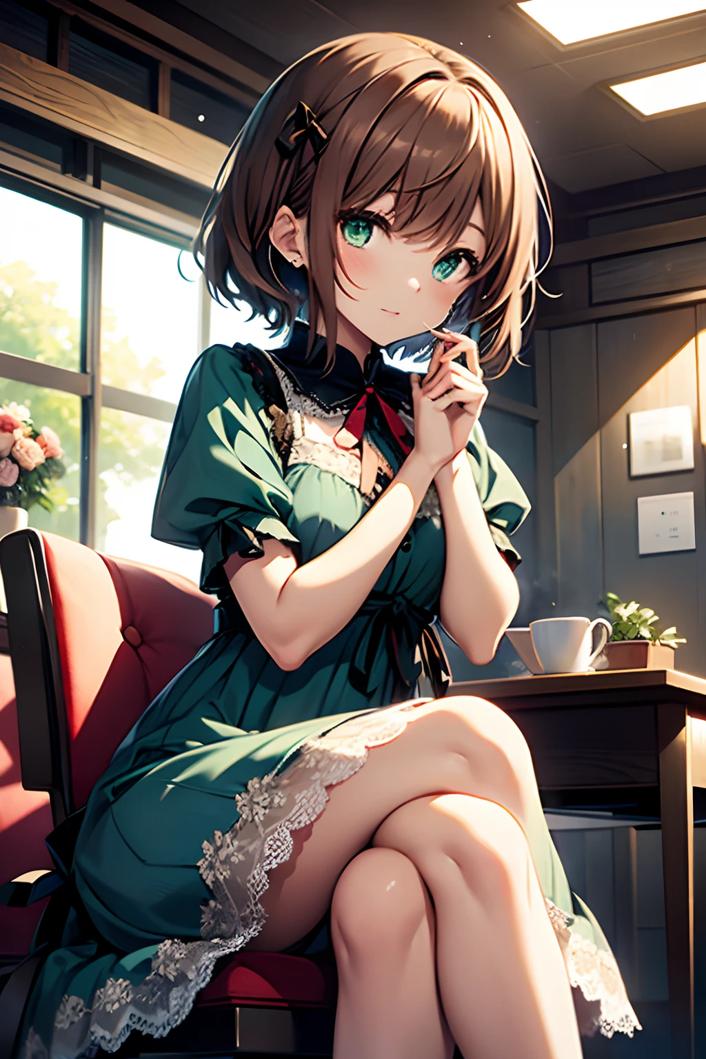 Shoko Sasanami, Valvlav, hair pin, Blue roses, dress, Lace dress, Brown hair, Green eyes, Short hair, ribbon，sit on chair，crossed legs