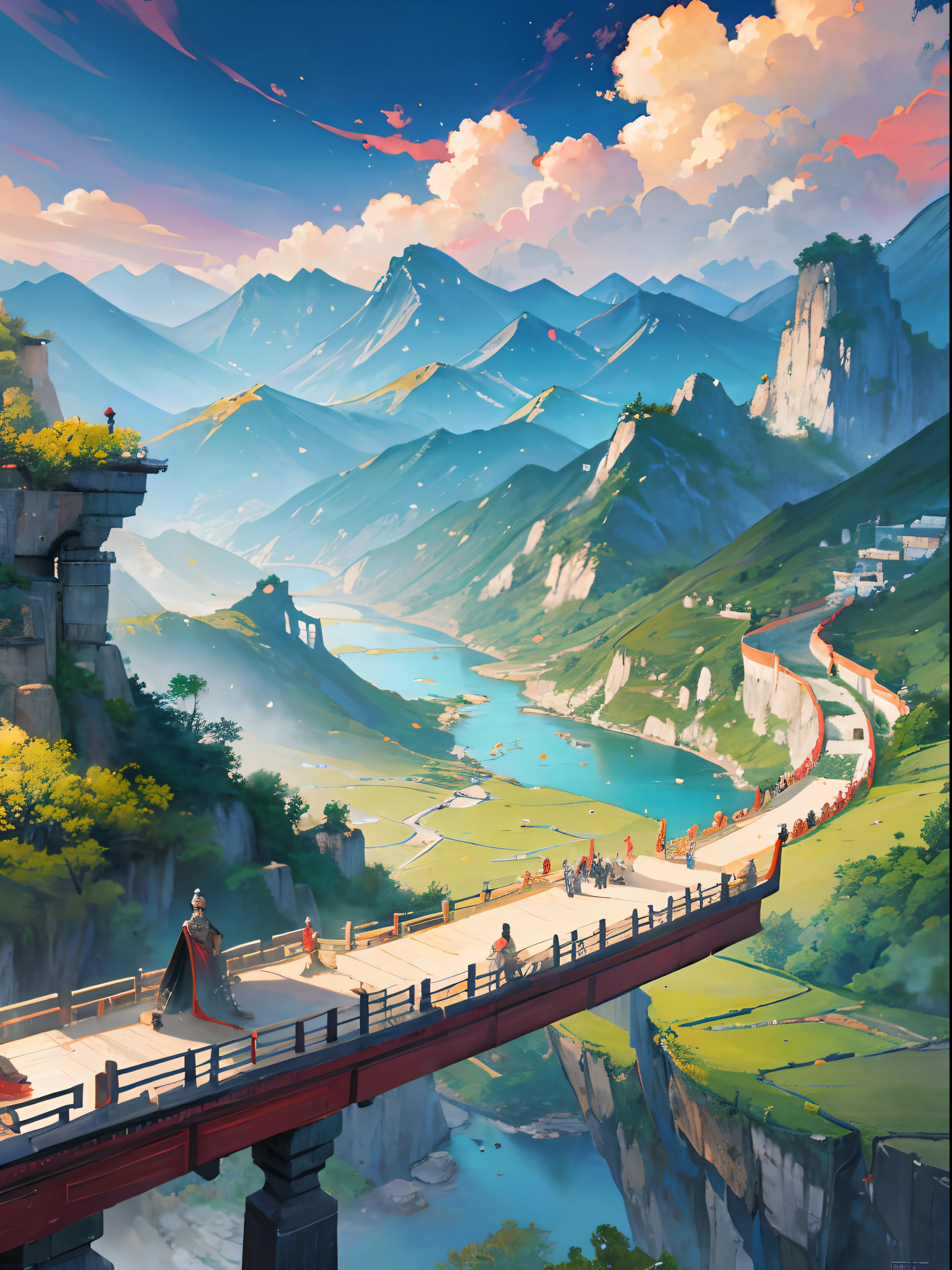 An ancient Chinese painting, ancient Chinese background, mountains, rivers, auspicious clouds, pavilions, sunshine, masterpieces, super detail, epic composition, ultra HD, high quality, extremely detailed, official art, unified 8k wallpaper, Super detail,