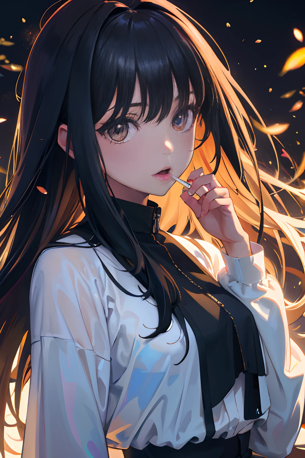 Official art, Unity 8k Wallpapers, ultra-detailliert, Beautifully Aesthetic, ​masterpiece, top-quality, realisitic, a closeup, Skindentation, interface, A detailed eye, A detailed face, detailed hairs, black backgrounds, straight-on, looking at the viewers, The sheen, Anime, looking at viewer with a cigarette in her mouth, highly detailed with reflections transparent iridescent opaque jacket, Long transparent iridescent RGB hair, 1girl in, Solo, fronds, Long hair, Blurry, Shirt,  Parted lips, Outdoors, Floating hair, Long sleeves, White shirt, Bangs, Upper body, Open mouth, tusk, Brown eyes, Wind, Winters，Yuki，snowscape，Blurry background, day, depth of fields, bug, lycoris，Takina Inoue，A dark-haired，