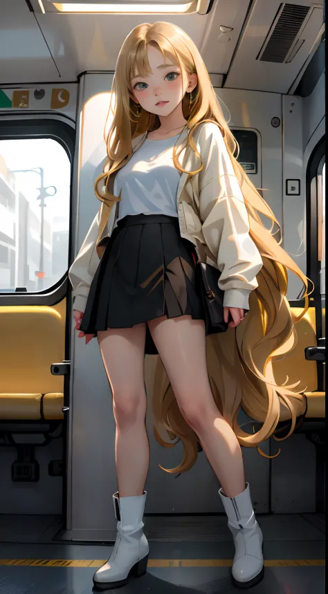 ((preteen)), Beautiful Girl, Freckles on her face, Light green eyes, Large earrings, White T-shirt, Jacket, Mini skirt, Black tights, heel boots, Full body, Shot from below, Very light skin , Very long hair, Wavy Hair , Blonde hair, Busy subway car, Photor...